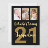 カスタム第21回誕生日金ゴールドモダン写真コラージュ 招待状 (正面)