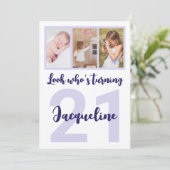 カスタム第21期誕生日パープルスクリプト写真コラージュ 招待状 (スタンド正面)