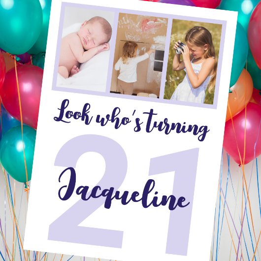 カスタム第21期誕生日パープルスクリプト写真コラージュ 招待状