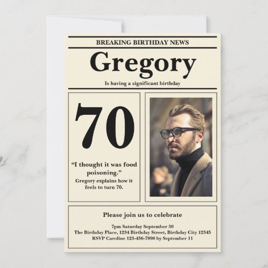 カスタム第70回誕生日おもしろい引用文レトロ新聞 招待状 (正面)