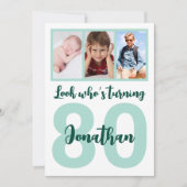 カスタム第80誕生日グリーンスクリプトフォトコラージュ 招待状 (正面)