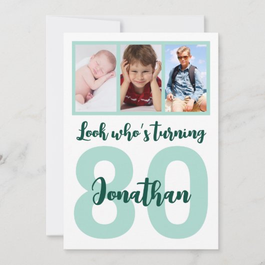 カスタム第80誕生日グリーンスクリプトフォトコラージュ 招待状 (正面)