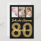 カスタム第80誕生日ブラックと金ゴールドフォトコラージュ 招待状 (正面)