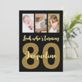 カスタム第80誕生日ブラックと金ゴールドフォトコラージュ 招待状 (スタンド正面)