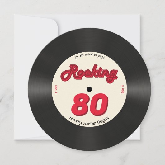 カスタム第80誕生日レトロ音楽レコードロッキング 招待状 (正面)
