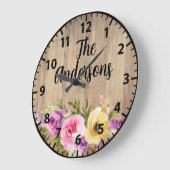 カスタム素朴ウッドピンク紫イエローローズラージ ラージ壁時計 (傾斜)