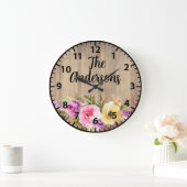 カスタム素朴ウッドピンク紫イエローローズラージ ラージ壁時計 (ホーム)