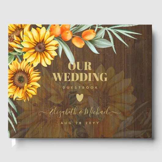 カスタム素朴サンフラワーズパンパスグラス結婚ズ ゲストブック (正面)