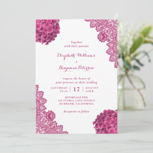カスタム素朴ピンクアジサイフローラ結婚レース 招待状 (スタンド正面)