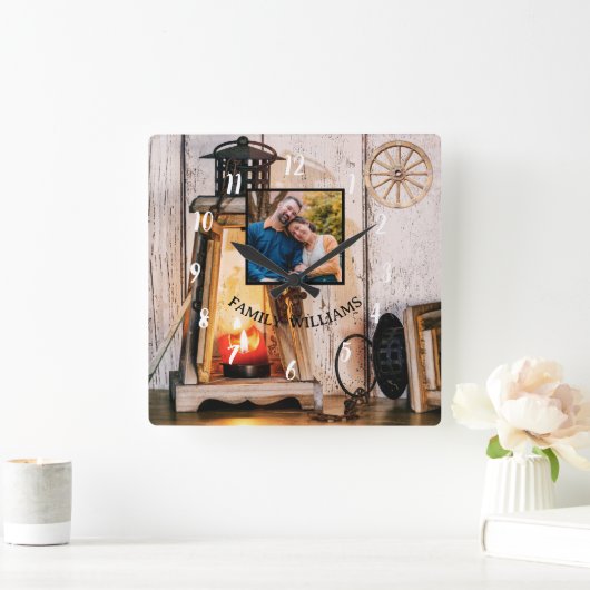 カスタム素朴ファームハウスランタンランプヴィンテージウッド スクエア壁時計 (ホーム)