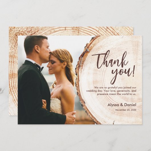 カスタム素朴ユニーク木結婚の写真 サンキューカード (正面/裏面)