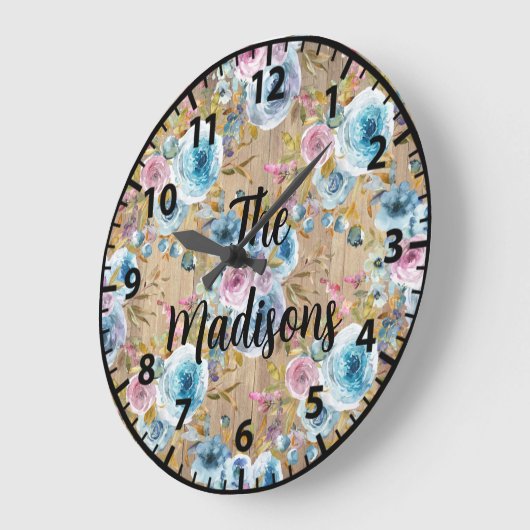 カスタム素朴木の花アイスブルーピンクローズ ラージ壁時計 (傾斜)