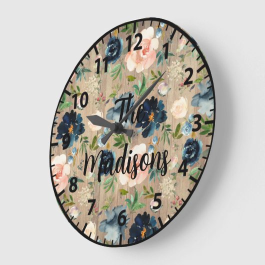 カスタム素朴木の花エレガントネイビーブルーピンク ラージ壁時計 (傾斜)