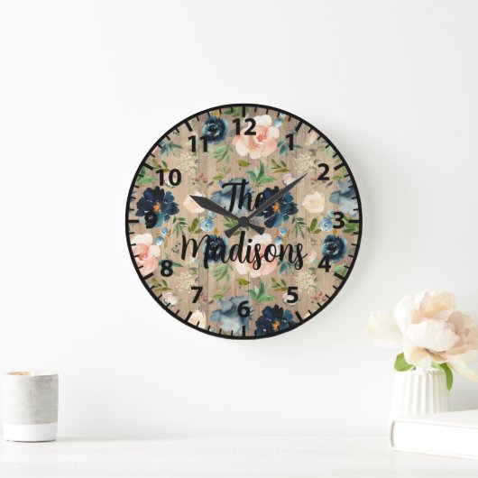 カスタム素朴木の花エレガントネイビーブルーピンク ラージ壁時計 (ホーム)