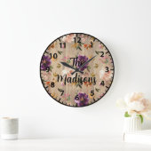 カスタム素朴木の花パープルピンクローズ ラージ壁時計 (ホーム)