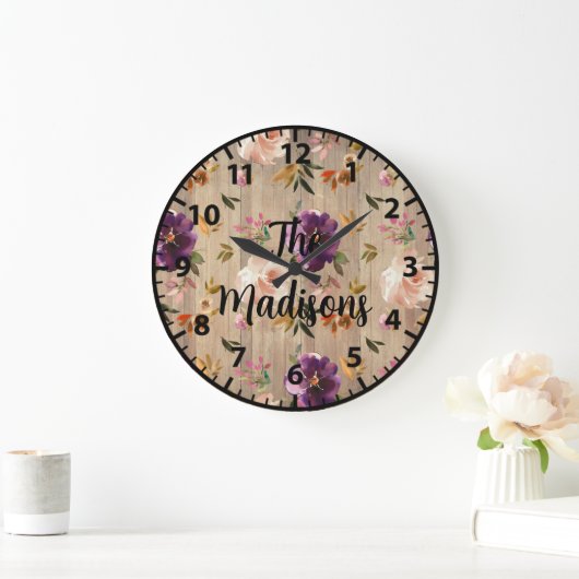 カスタム素朴木の花パープルピンクローズ ラージ壁時計 (ホーム)