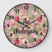 カスタム素朴木の花ピンクと紫のバラ ラージ壁時計 (正面)