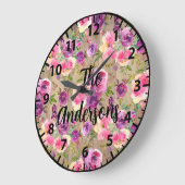 カスタム素朴木の花ピンクと紫のバラL ラージ壁時計 (傾斜)