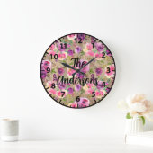 カスタム素朴木の花ピンクと紫のバラL ラージ壁時計 (ホーム)