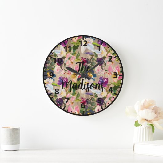 カスタム素朴木の花熱帯花 ラージ壁時計 (ホーム)