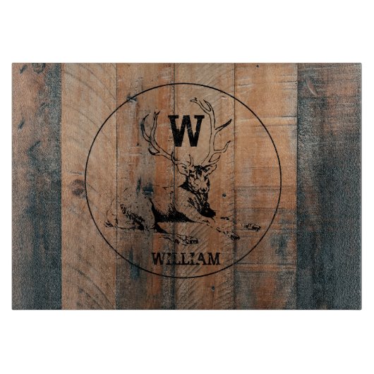 カスタム素朴木の質感と鹿モノグラム カッティングボード (正面)