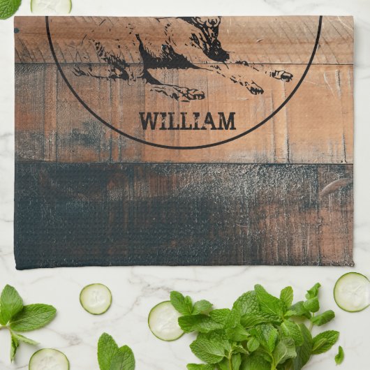 カスタム素朴木の質感と鹿モノグラム キッチンタオル (折り畳み)