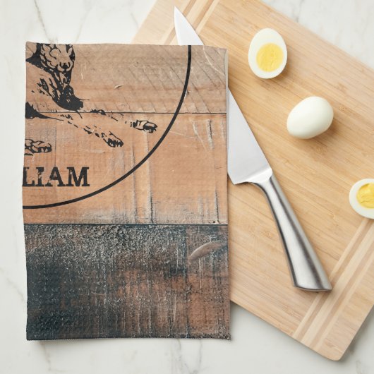 カスタム素朴木の質感と鹿モノグラム キッチンタオル (四つ折り)