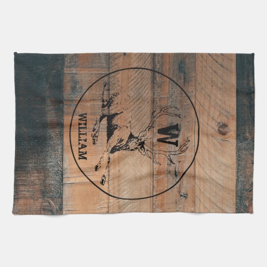 カスタム素朴木の質感と鹿モノグラム キッチンタオル (横)