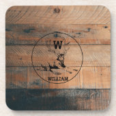カスタム素朴木の質感と鹿モノグラム コースター (正面)