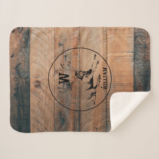 カスタム素朴木の質感と鹿モノグラム シェルパブランケット (正面(横))