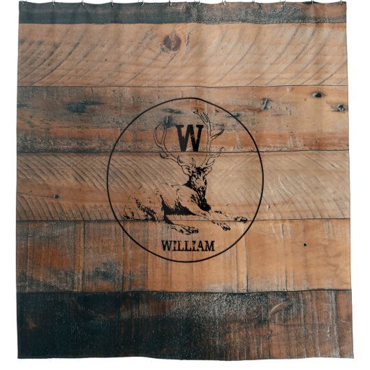 カスタム素朴木の質感と鹿モノグラム シャワーカーテン (正面)