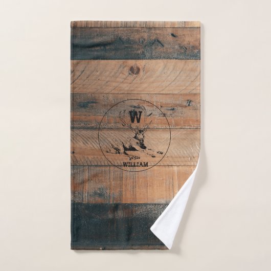 カスタム素朴木の質感と鹿モノグラム バスタオルセット (ハンドタオル)