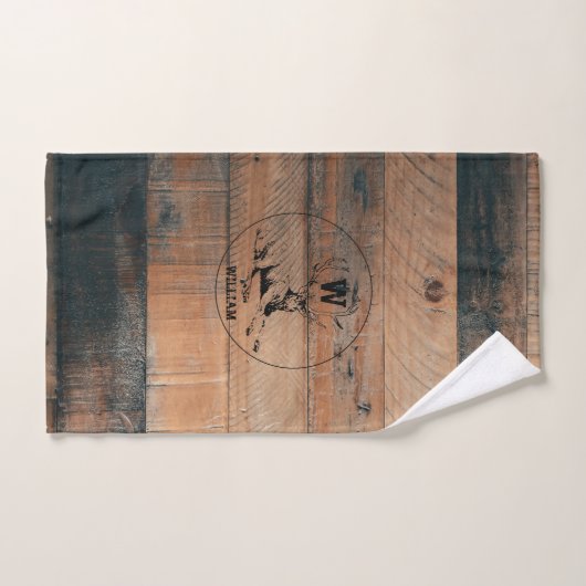 カスタム素朴木の質感と鹿モノグラム バスタオルセット (ハンドタオル)