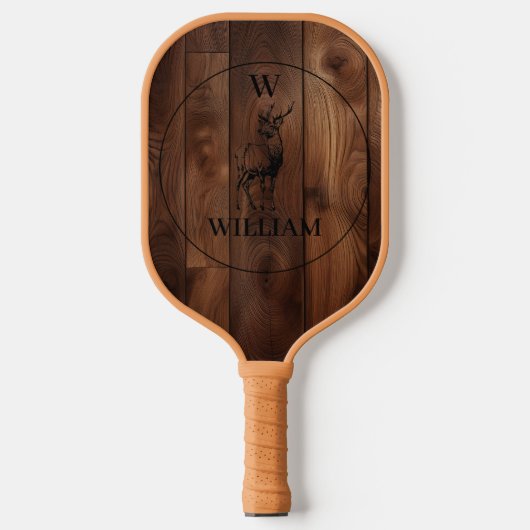 カスタム素朴木の質感と鹿モノグラム ピックルボールラケット (正面)