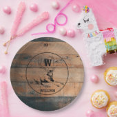 カスタム素朴木の質感と鹿モノグラム ペーパープレート (パーティー)