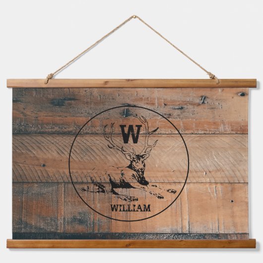 カスタム素朴木の質感と鹿モノグラム 吊り下げ型タペストリー (正面)
