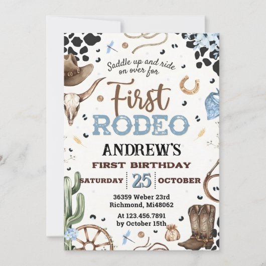 カスタム素朴Cowboy 1st Rodeo誕生日 招待状 (正面)
