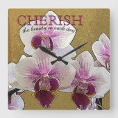 カスタム紫と白の蘭ドライブラシアート スクエア壁時計 (正面)