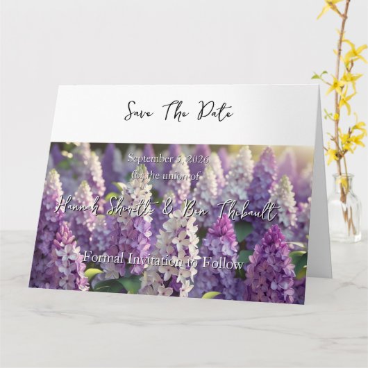 カスタム紫パーソナライズされた薄紫保存日 カード (黄色い花)
