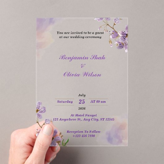 カスタム紫フローラアクリル結婚式招待状 アクリル招待状 (インサイチュ (ポータブル))