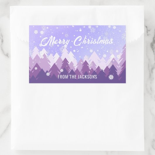 カスタム紫白雪平和森クリスマス 長方形シール (バッグ)