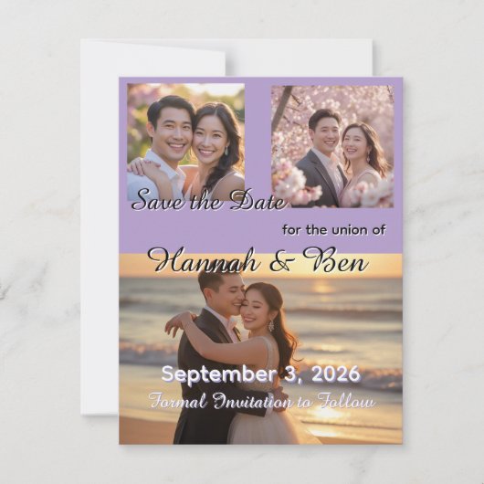 カスタム紫色の結婚式の日付を保存 セーブザデート (正面)