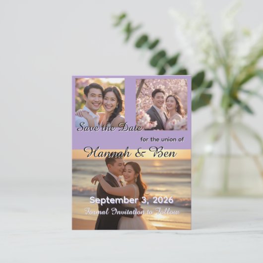 カスタム紫色の結婚式の日付を保存 セーブザデート (スタンド正面)