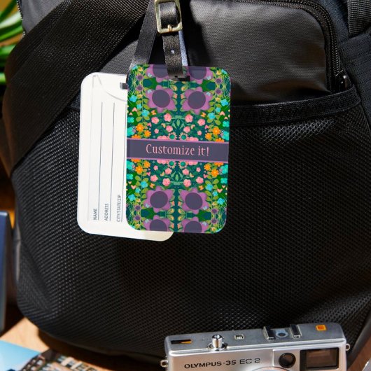 カスタム紫色の花柄の名前おもしろいインスピレーション ラゲッジタグ