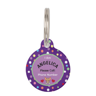 カスタム紫色ブラックカラフル水玉模様パタン犬 ペット ネームタグ