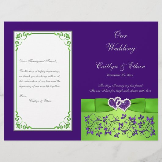 カスタム紫、ライム、グレー結婚式 プログラム (正面)