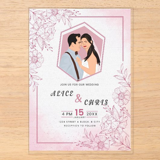 カスタム結婚式アクリルカード(あなたの似顔絵付き) アクリル招待状 (正面)