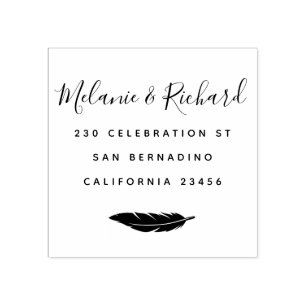 カスタム結婚式エレガント名スクリプトと羽毛 ラバースタンプ