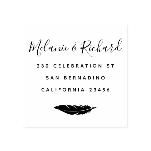 カスタム結婚式エレガント名スクリプトと羽毛 ラバースタンプ (インプリント)