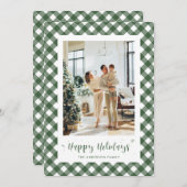カスタム緑と白の格子縞の写真ホリデーカード シーズンカード (正面/裏面)
